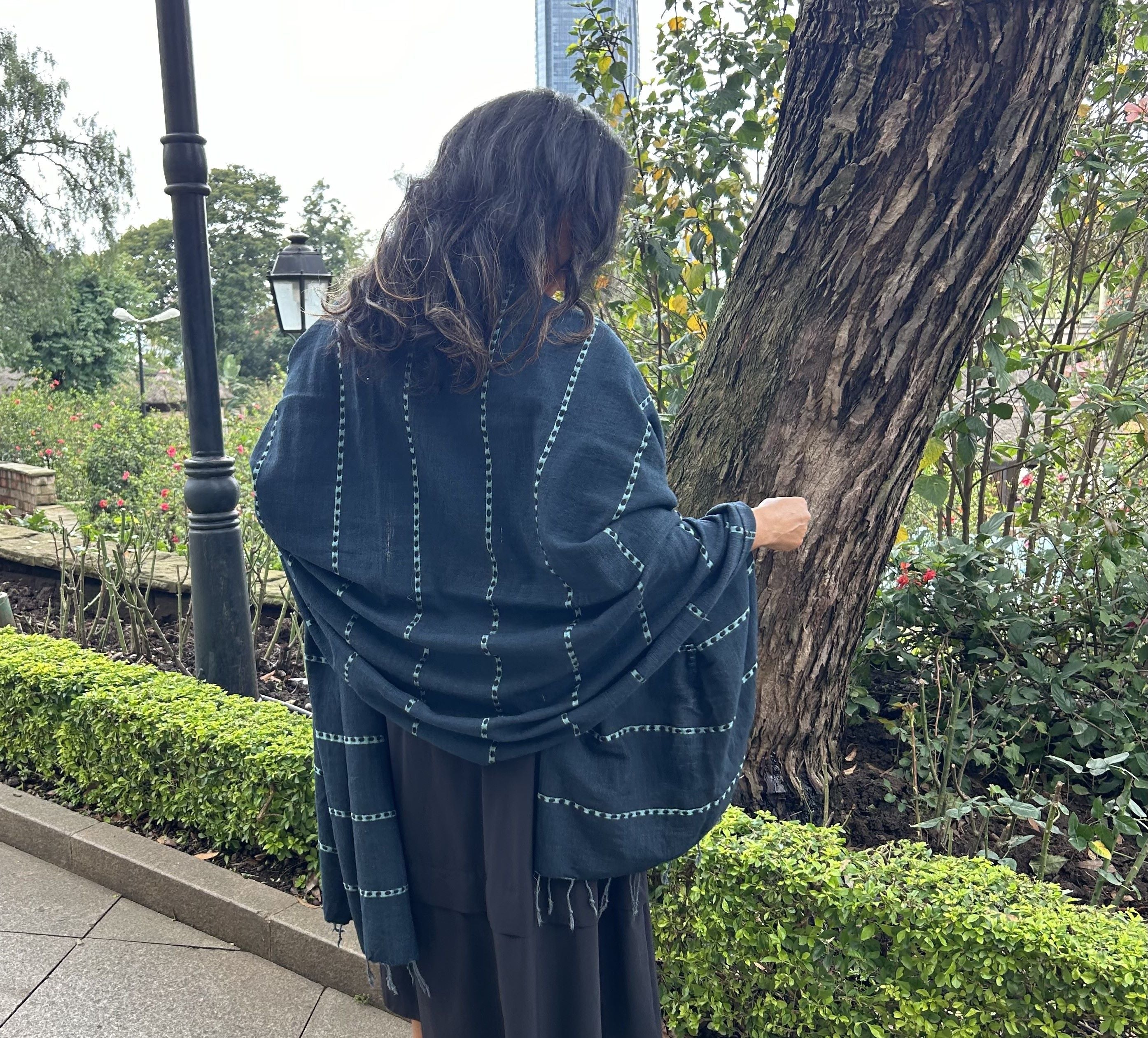 Guzo Handwoven Ethiopian Travel Shawl / Beach Towel – Navy Blue with Turquoise Stripes (36" x 92")