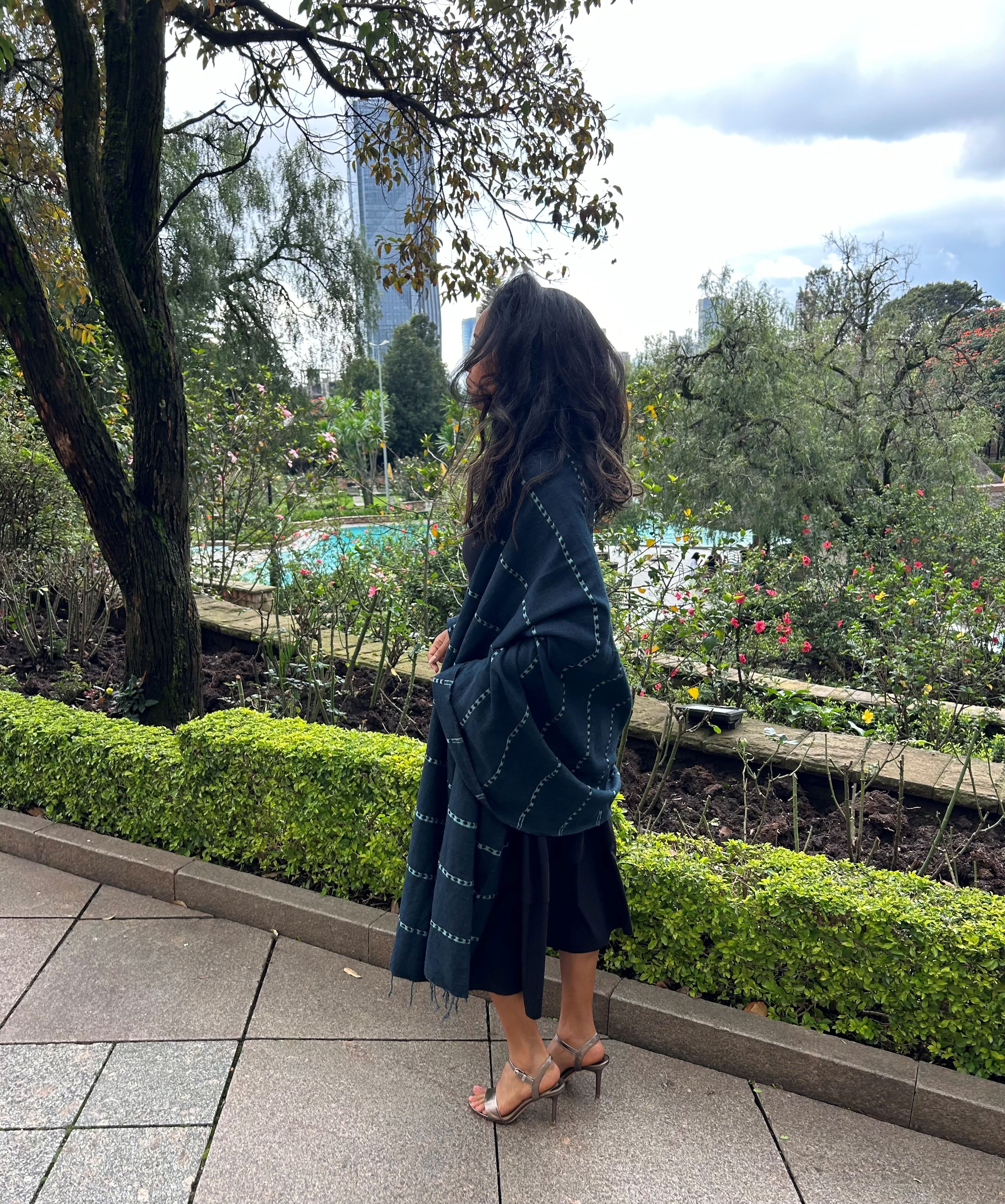 Guzo Handwoven Ethiopian Travel Shawl / Beach Towel – Navy Blue with Turquoise Stripes (36" x 92")