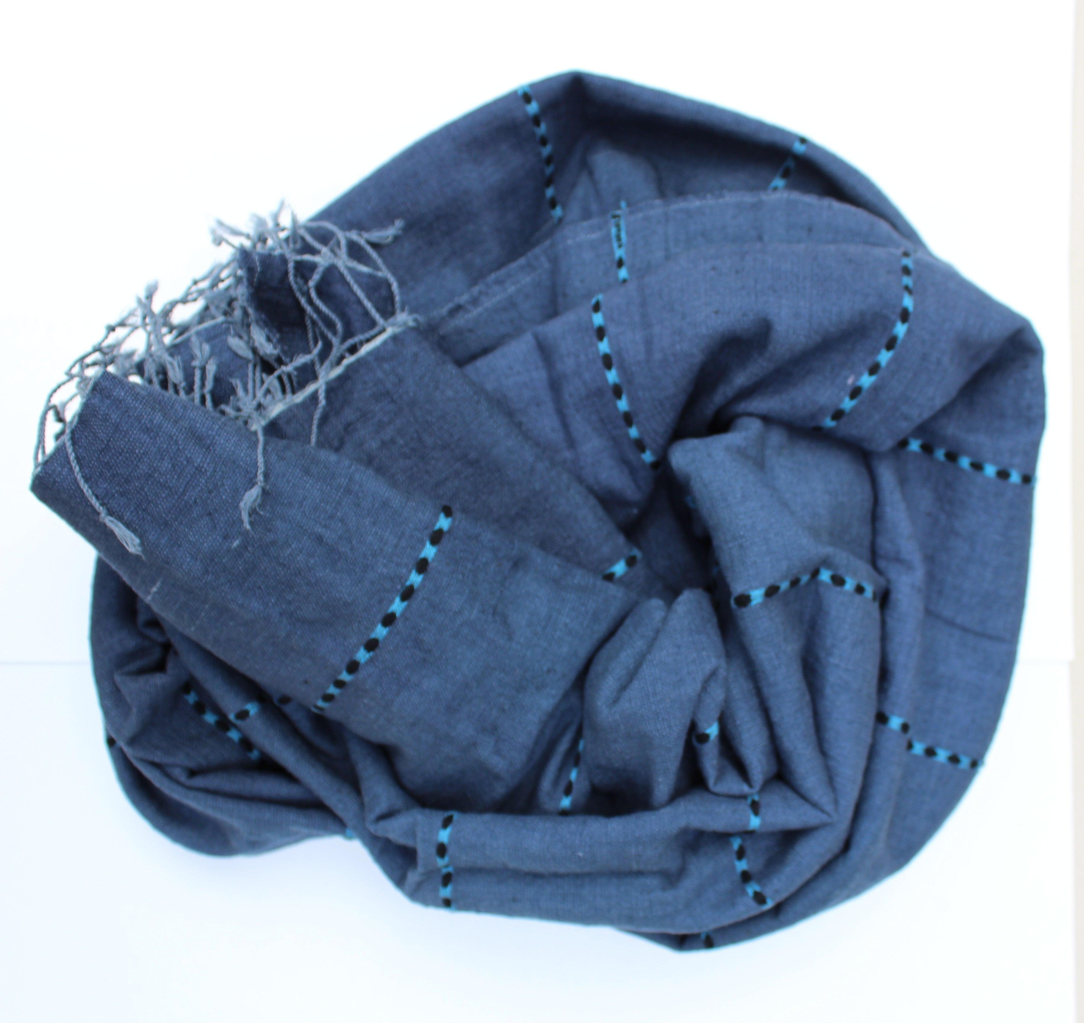 Guzo Handwoven Ethiopian Travel Shawl / Beach Towel – Navy Blue with Turquoise Stripes (36" x 92")